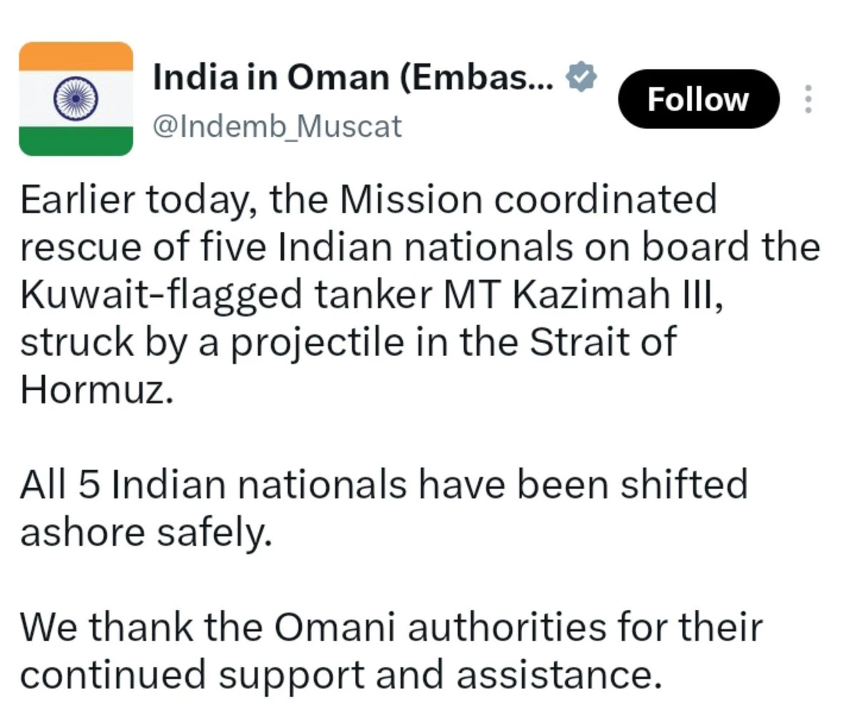 5 Indian Sailors Rescued After Tanker Missile Strike